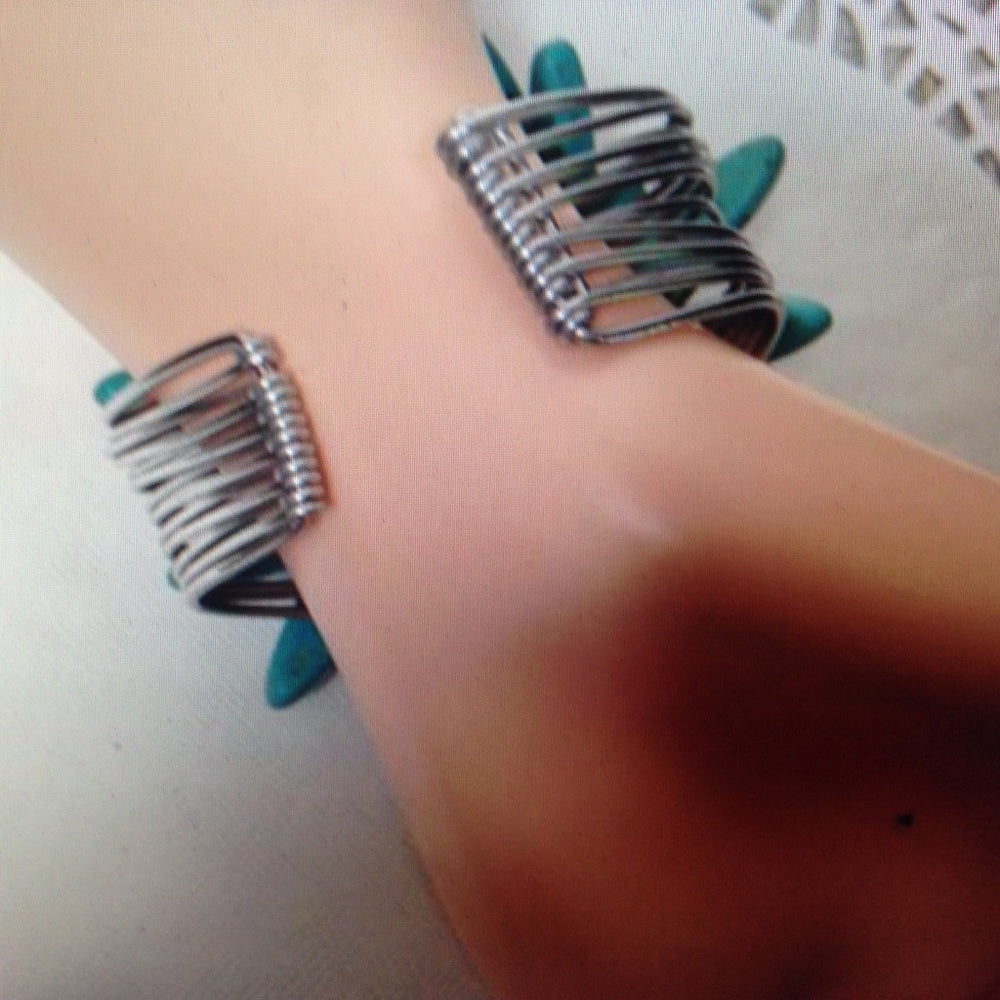 Chunky, Silver Tone Wired Turquoise Cuff Bracelet