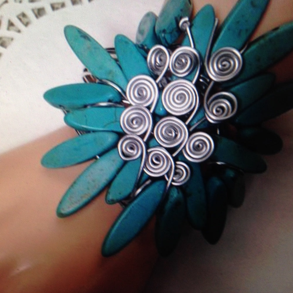 Chunky, Silver Tone Wired Turquoise Cuff Bracelet