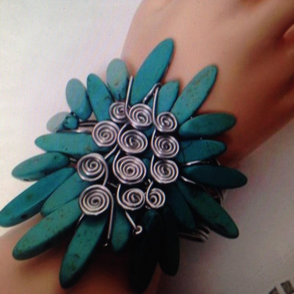 Chunky, Silver Tone Wired Turquoise Cuff Bracelet