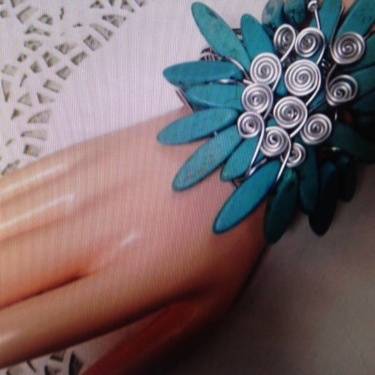 Chunky, Silver Tone Wired Turquoise Cuff Bracelet