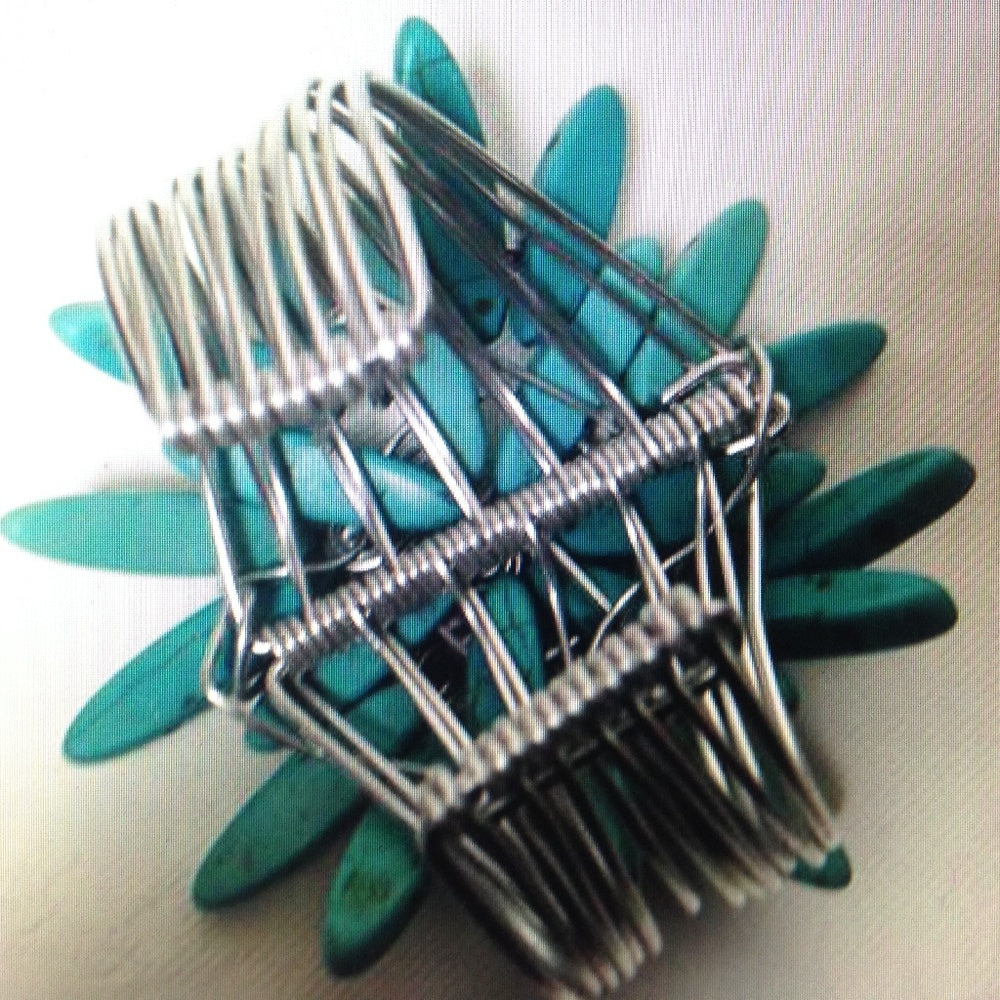 Chunky, Silver Tone Wired Turquoise Cuff Bracelet