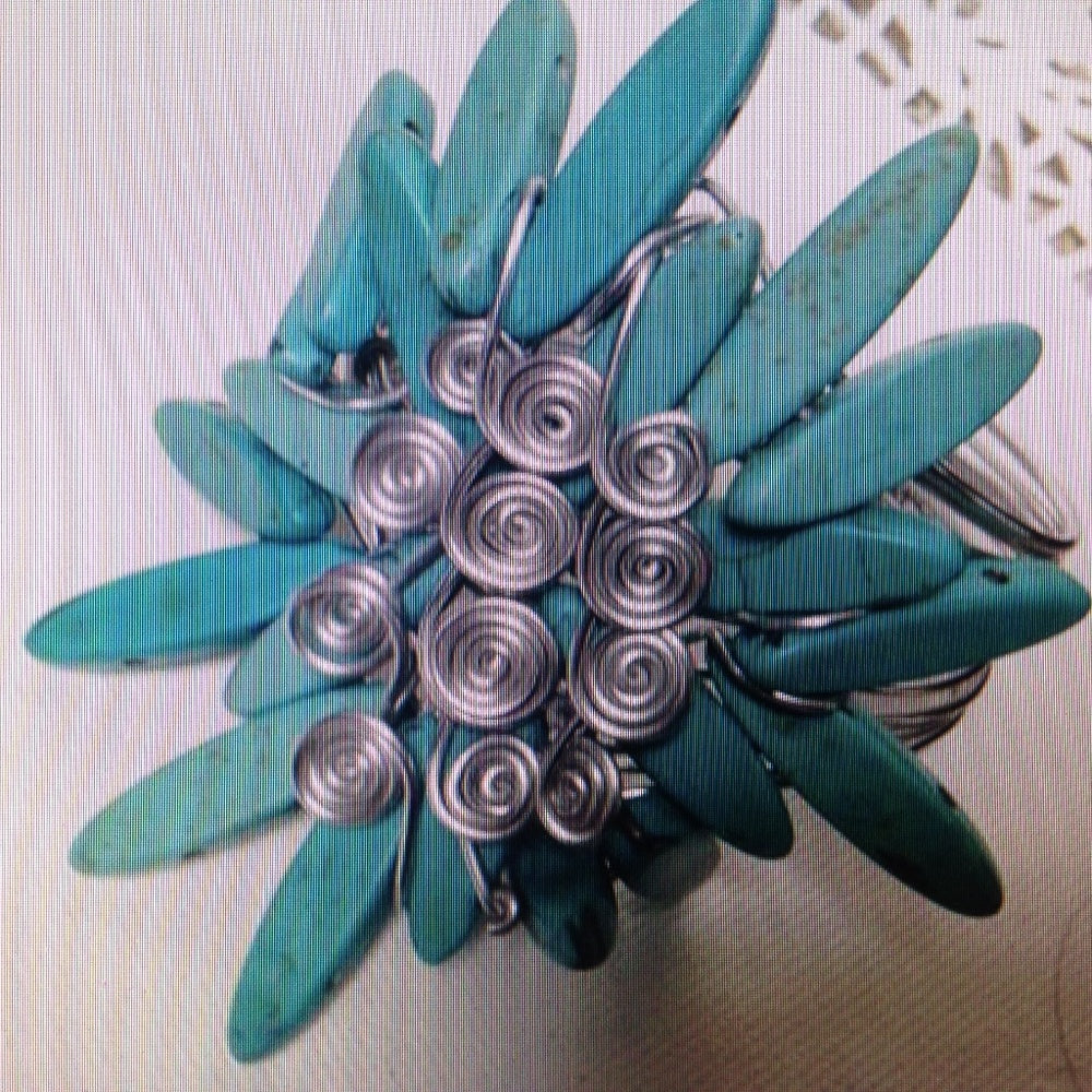 Chunky, Silver Tone Wired Turquoise Cuff Bracelet