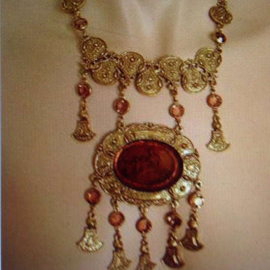 Art Nouveau, Intaglio on Amber Glass Pendant Neckl
