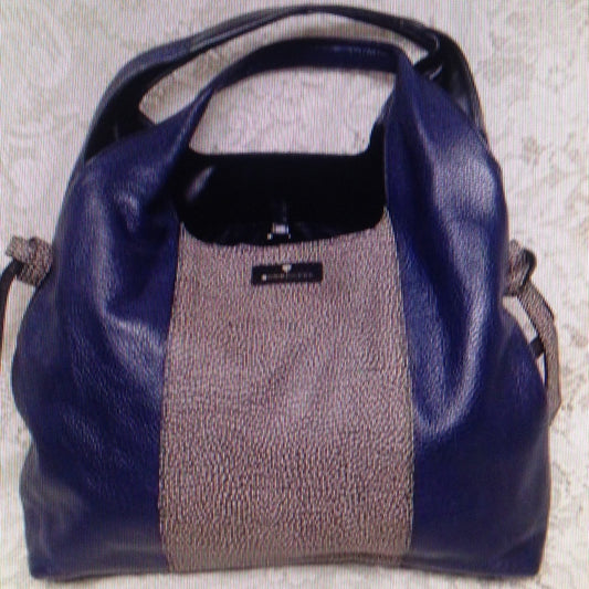 Borbonese, Italy, Blue and Brown Leather Handbag