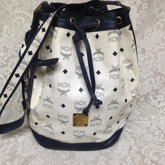 MCM White Mono- Blue Leather Bucket-Drawst…