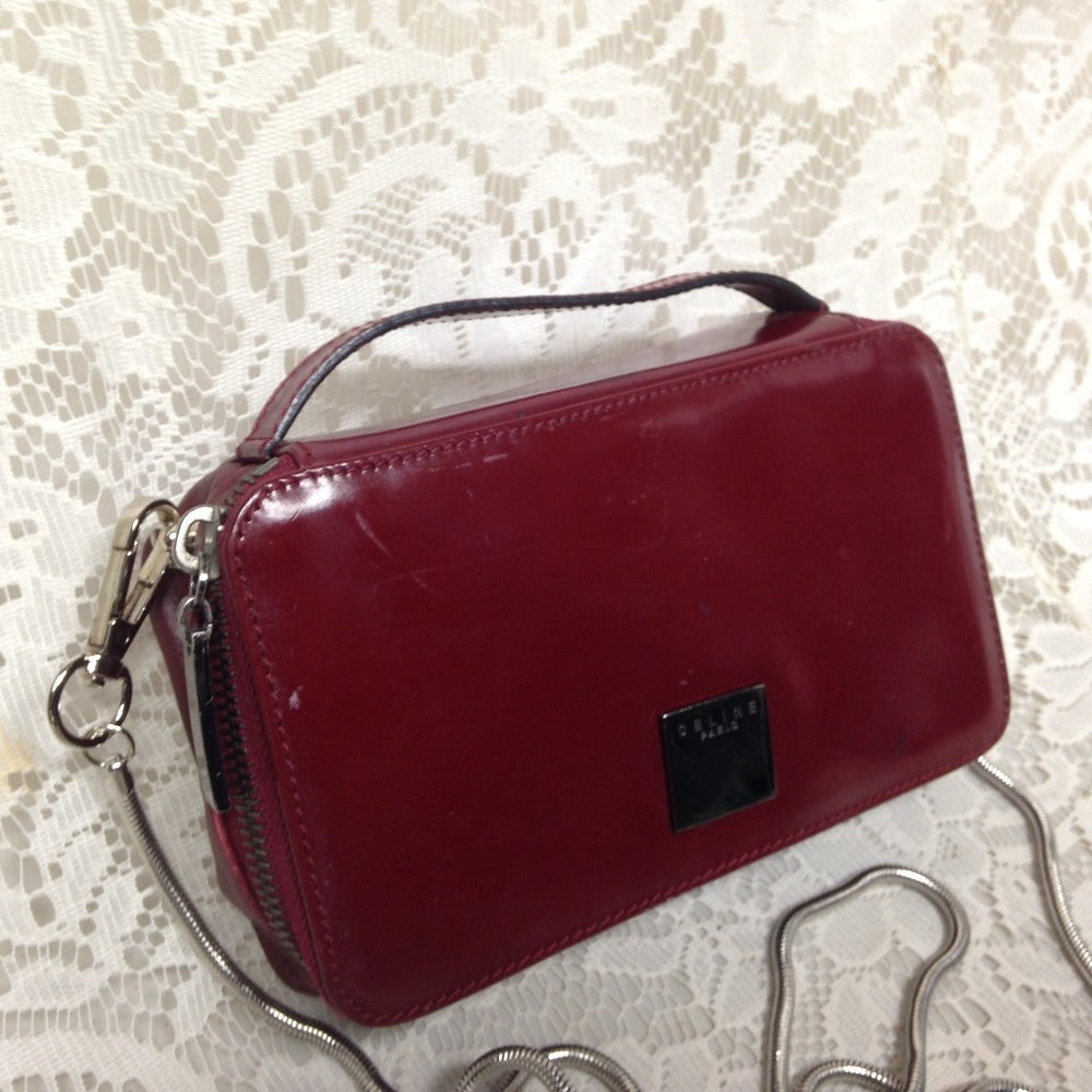 Celine, Burgundy Leather  2-way Cosmetic Pouch-Cro