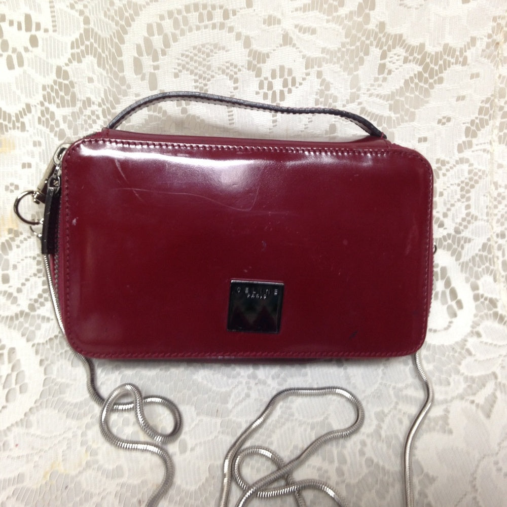 Celine, Burgundy Leather  2-way Cosmetic Pouch-Cro