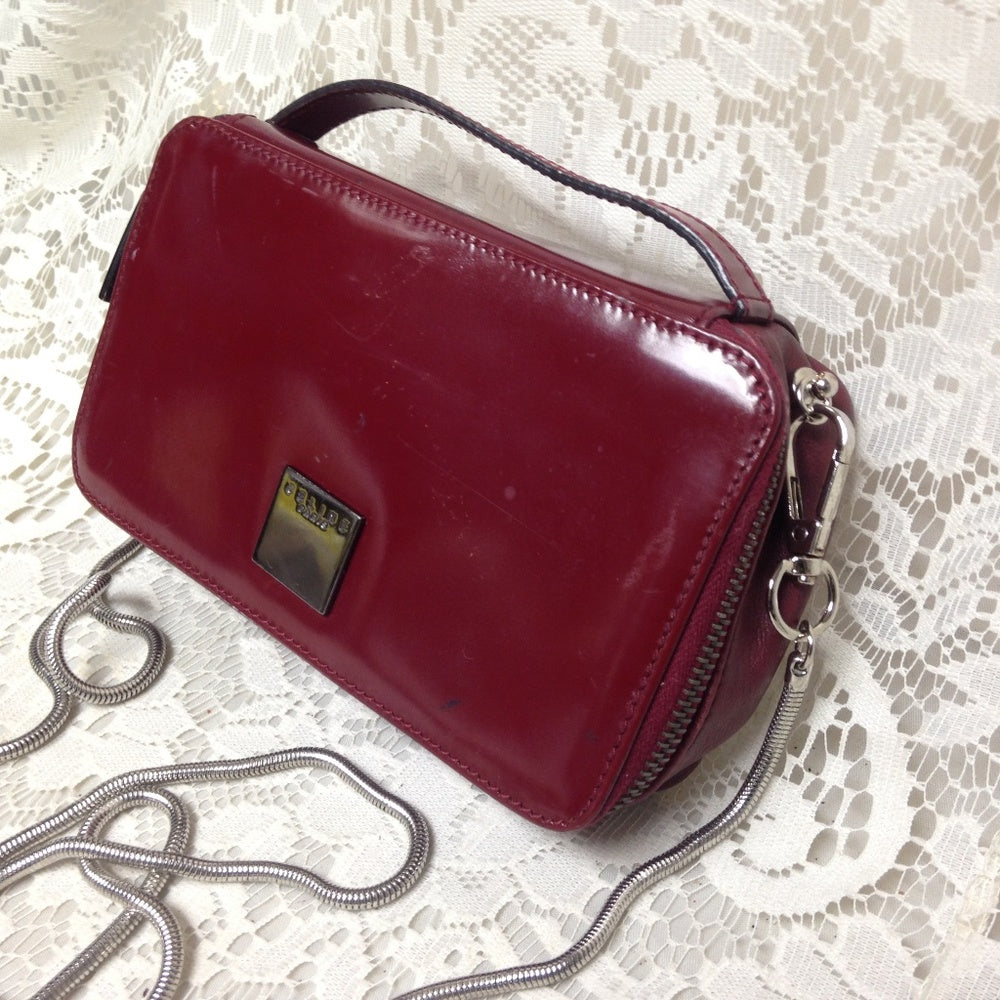 Celine, Burgundy Leather  2-way Cosmetic Pouch-Cro
