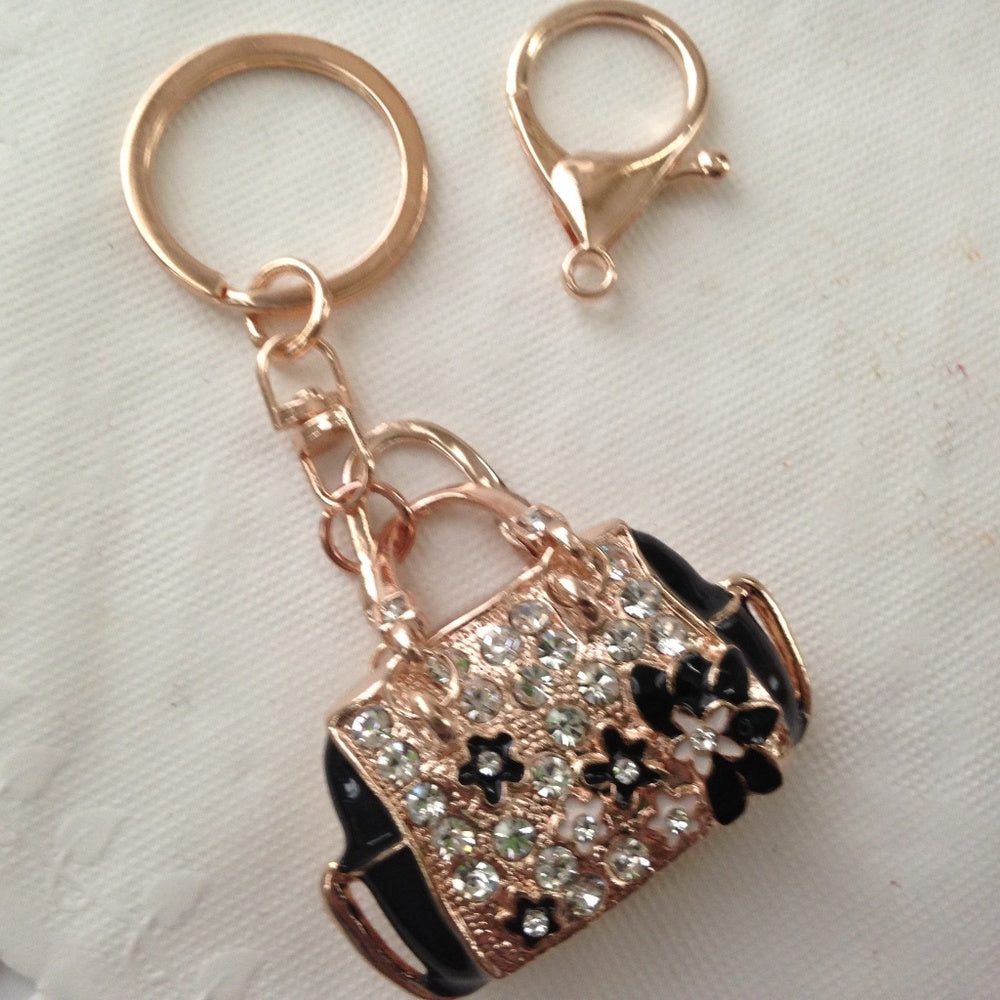 2-Way, Black Floral Rhinestone Handbag Charm- Key Chain