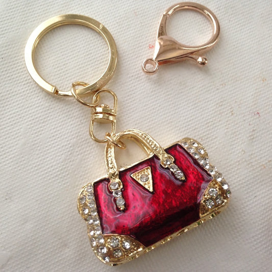 2- Way Red Enamel Rhinestone Handbag Charm- Key chain