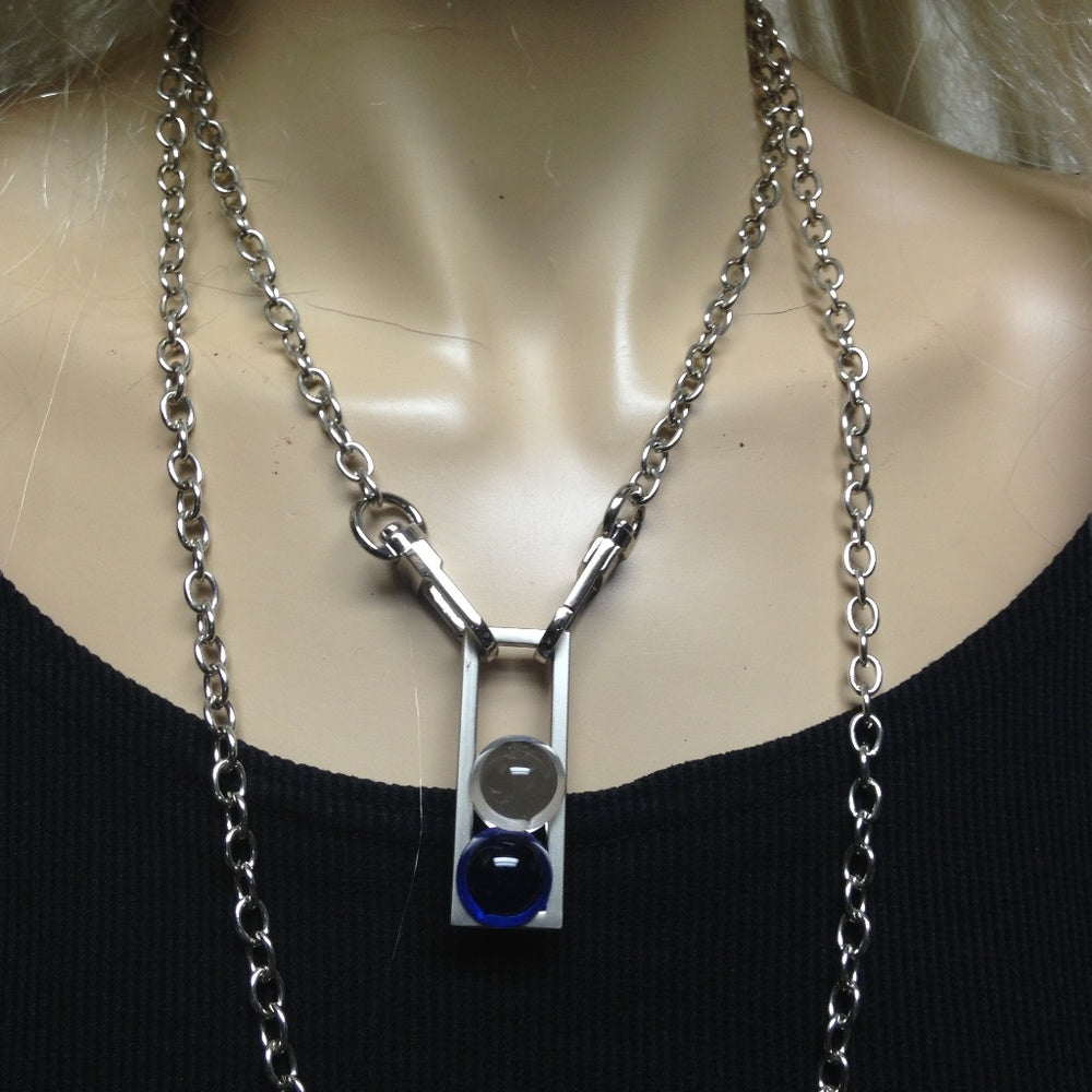 Art Glass Blue-Clear Ball 48-inch Pendant Necklace