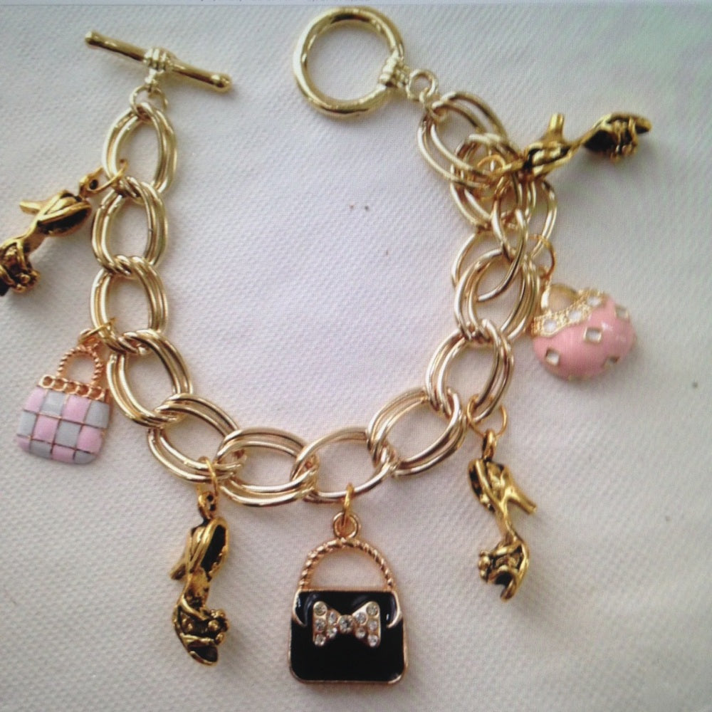 Gold Tone, Enamel Handbag Charm or Bracelet