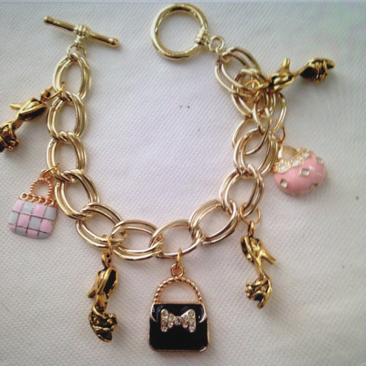 Gold Tone, Enamel Handbag Charm or Bracelet