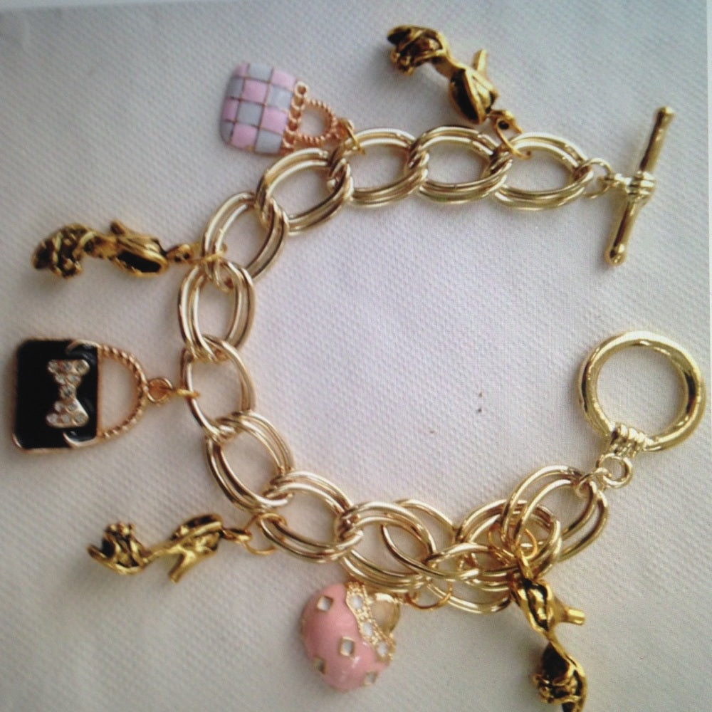 Gold Tone, Enamel Handbag Charm or Bracelet