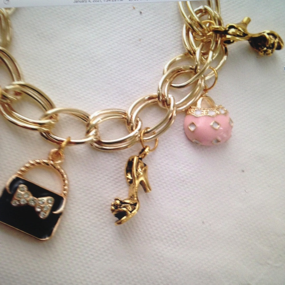 Gold Tone, Enamel Handbag Charm or Bracelet