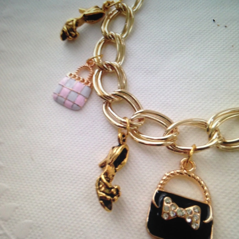Gold Tone, Enamel Handbag Charm or Bracelet