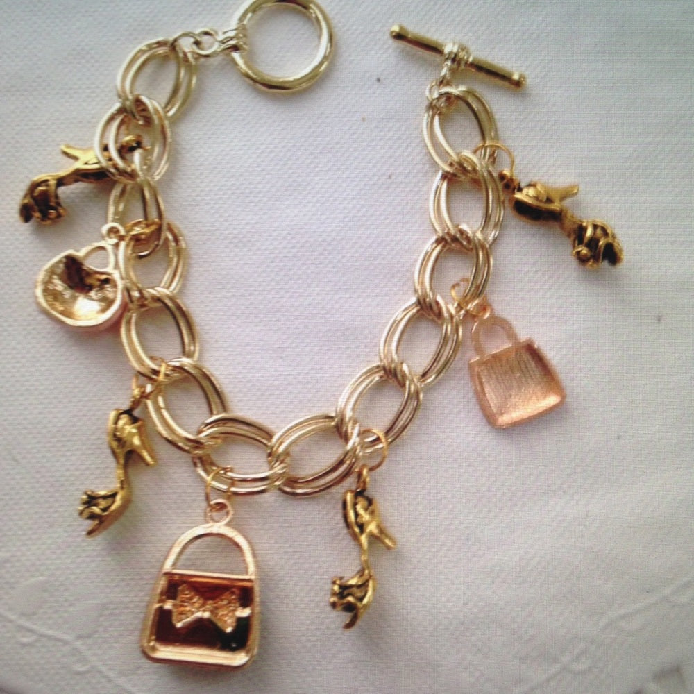 Gold Tone, Enamel Handbag Charm or Bracelet