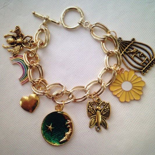 Gold Tone, Multi Color Enamel 7pc Charm Bracelet