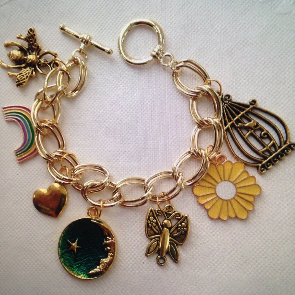 Gold Tone, Multi Color Enamel 7pc Charm Bracelet