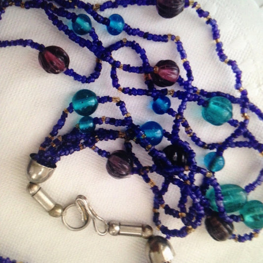 Vintage, Aqua Purple Yellow Glass Beaded Necklace
