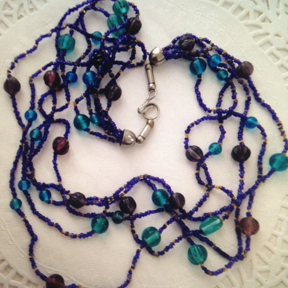 Vintage, Aqua Purple Yellow Glass Beaded Necklace