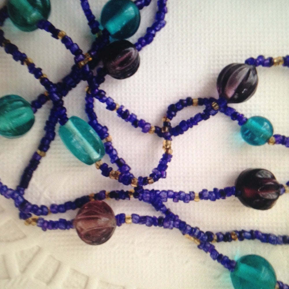 Vintage, Aqua Purple Yellow Glass Beaded Necklace