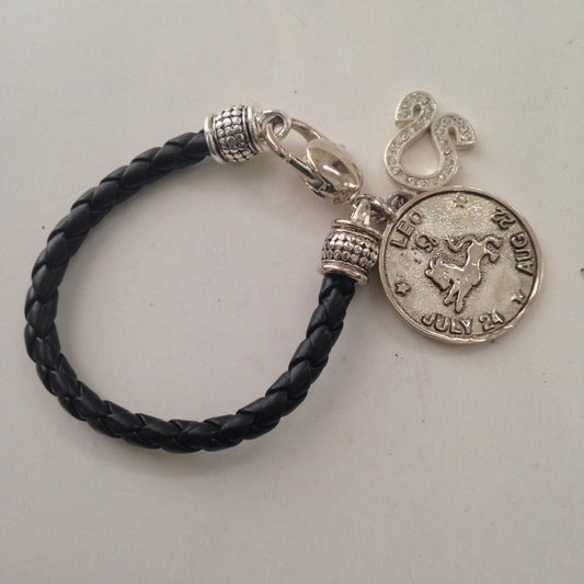 Black Braided Leather Zodiac Leo Bracelet