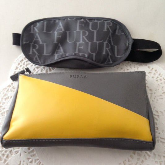 Furla Yellow-Gray Cosmetic Pouch with Sleep Mask