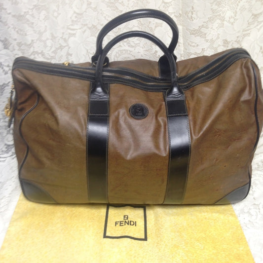 Vintage Fendi Brown Nylon-Black Leather Luggage