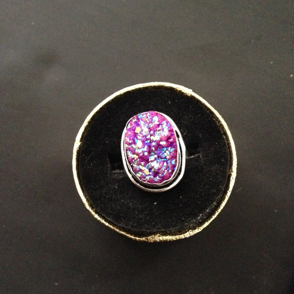 925 Silver Ring with Blue -Purple Druzy (Size6-7)