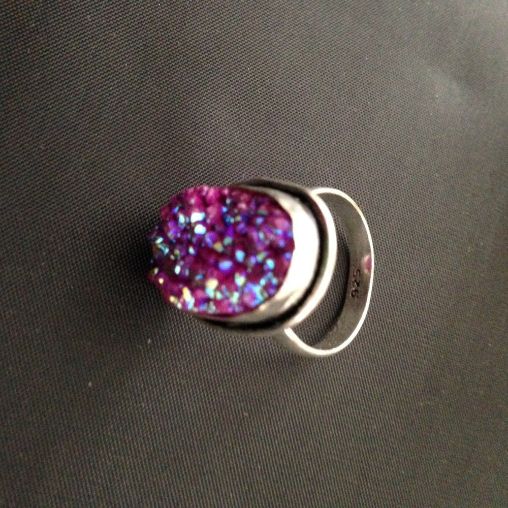 925 Silver Ring with Blue -Purple Druzy (Size6-7)