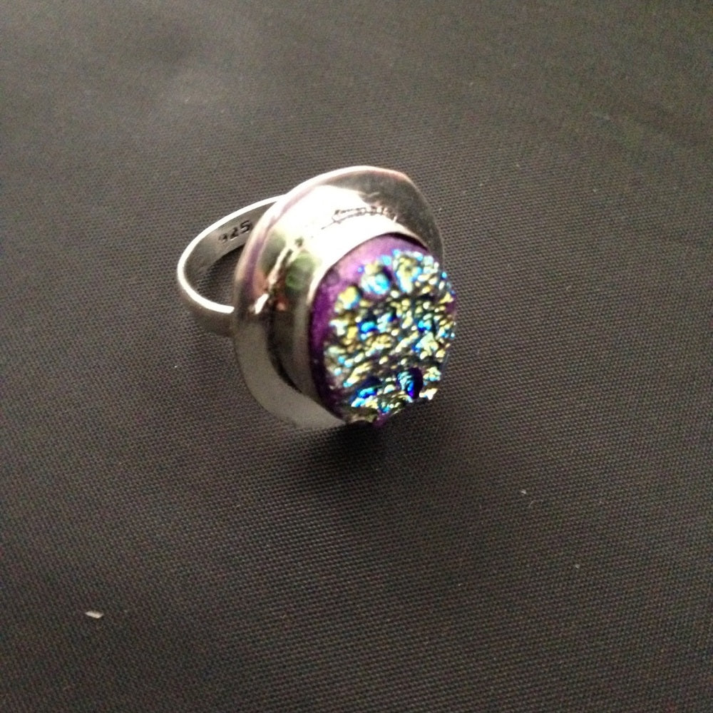 925 Silver Ring with Blue -Purple Druzy (Size 7-8)