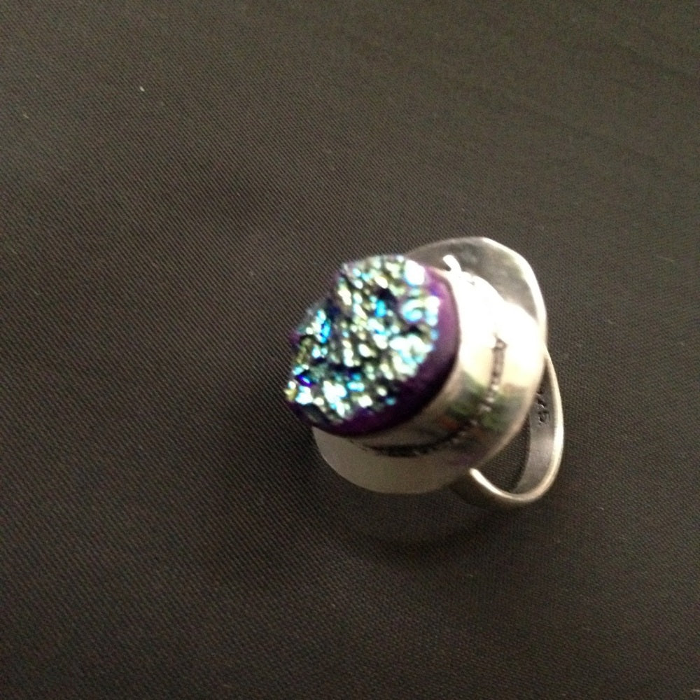 925 Silver Ring with Blue -Purple Druzy (Size 7-8)