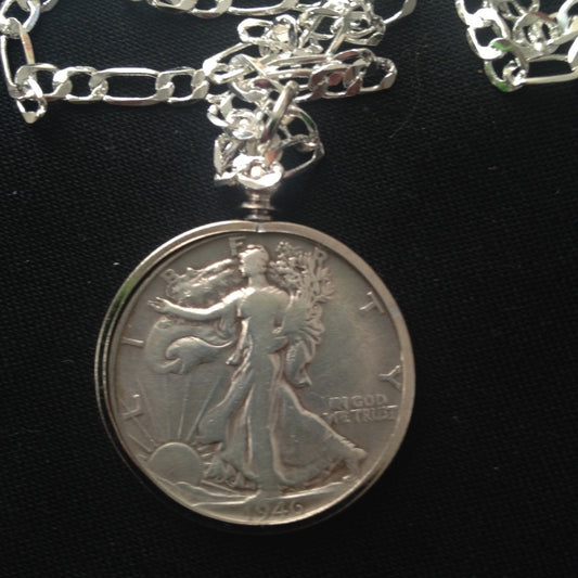1946 Silver Half Dollar Coin, 18in 925 Chain