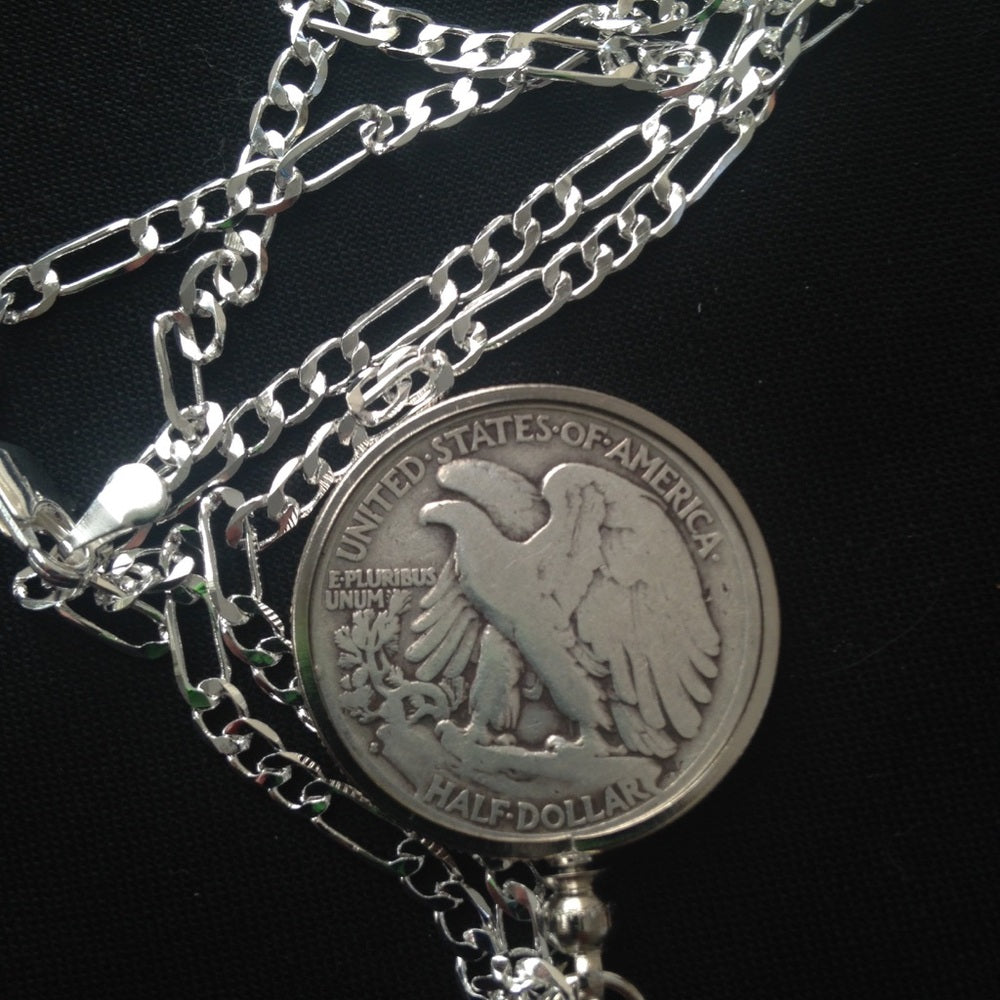 1936 Silver Half Dollar Coin, 18in 925 Chain