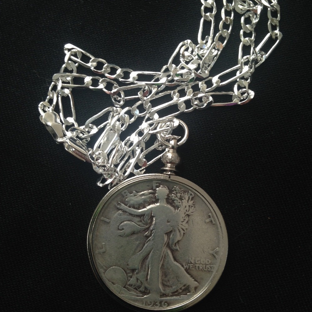 1936 Silver Half Dollar Coin, 18in 925 Chain