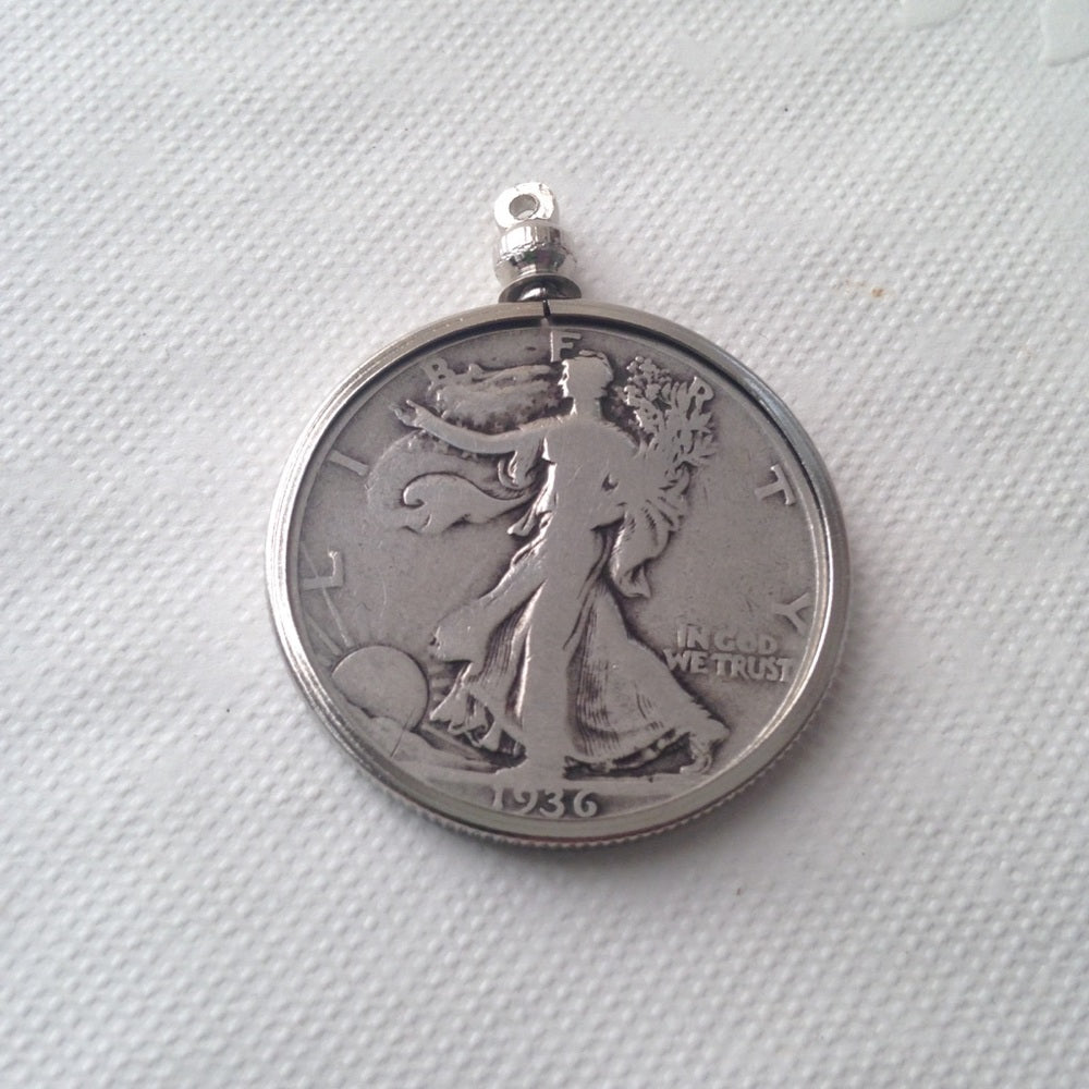 1936 Silver Half Dollar Coin, 18in 925 Chain