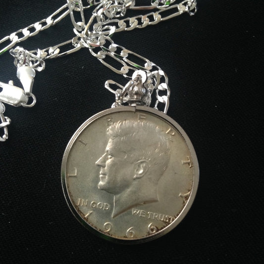1966 40% Silver Half Dollar Coin, 18in 925 Chain