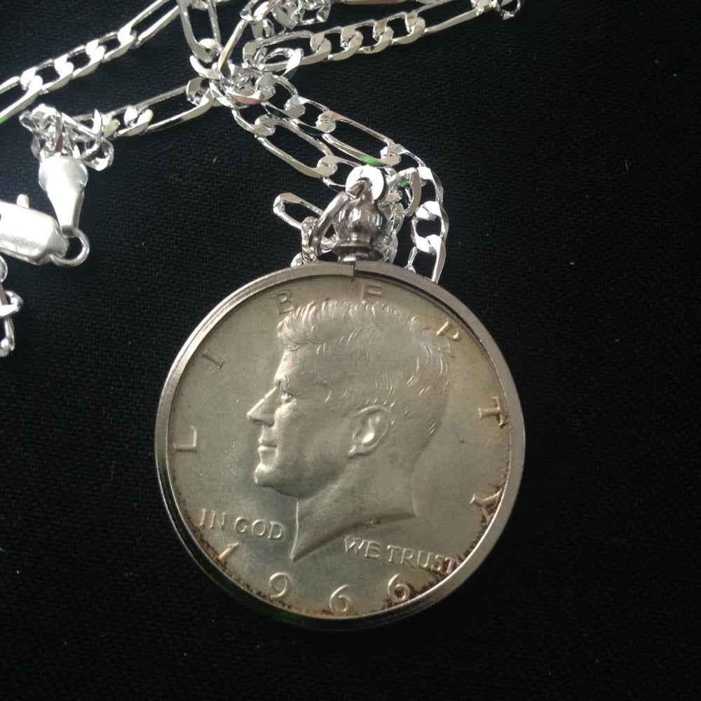 1966 40% Silver Half Dollar Coin, 18in 925 Chain