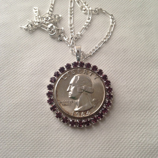 1964 Silver Quarter Dollar Coin, 16in 925 Chain