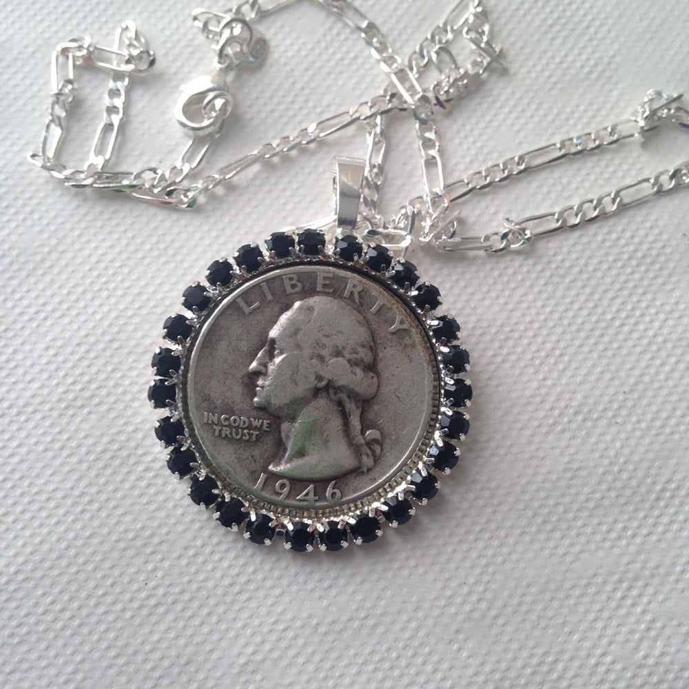 1946 Silver Quarter Dollar Coin, 16in 925 Chain