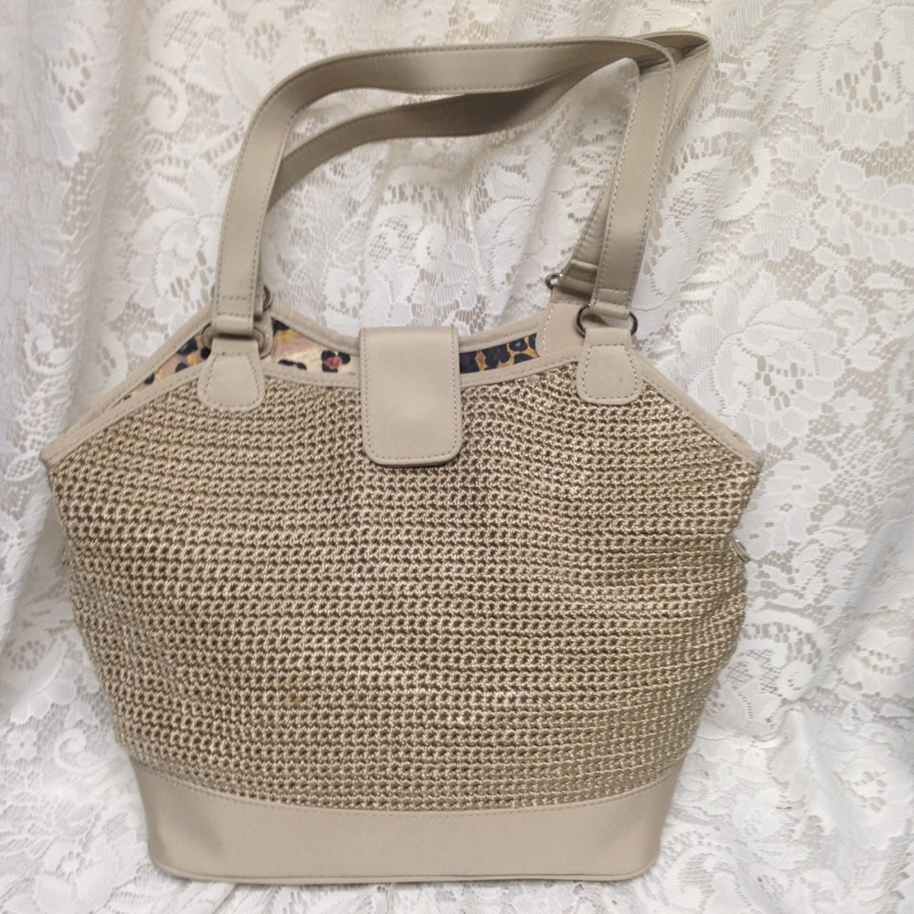 Beige Knitted wth Nylon Trim Handbag 11inx11inx4in