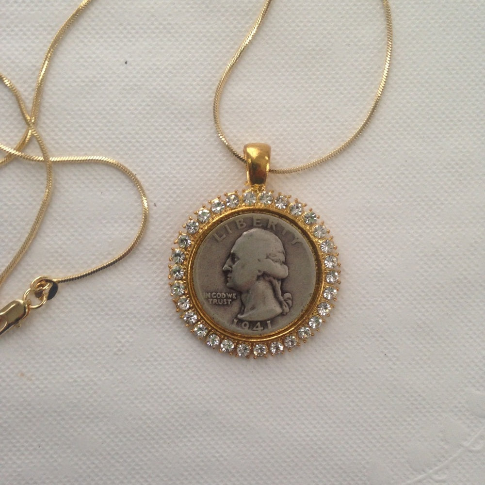 1941 Silver Quarter Dollar Coin, 18in GP Chain