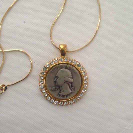 1941 Silver Quarter Dollar Coin, 18in GP Chain