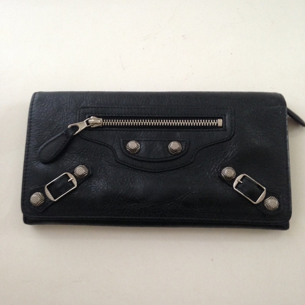 Balenciaga Black Silver Studded Leather Long Walle