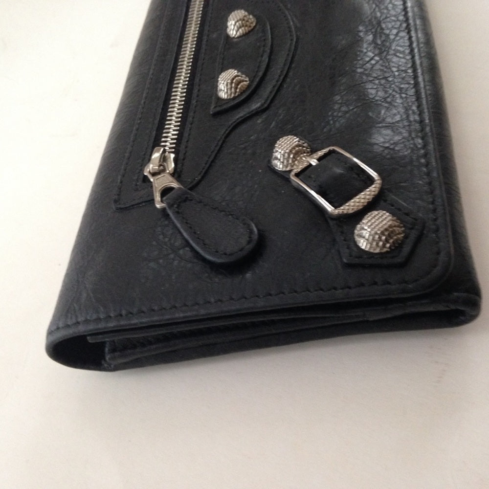 Balenciaga Black Silver Studded Leather Long Walle