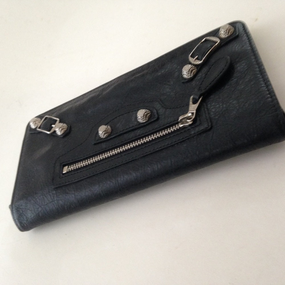 Balenciaga Black Silver Studded Leather Long Walle