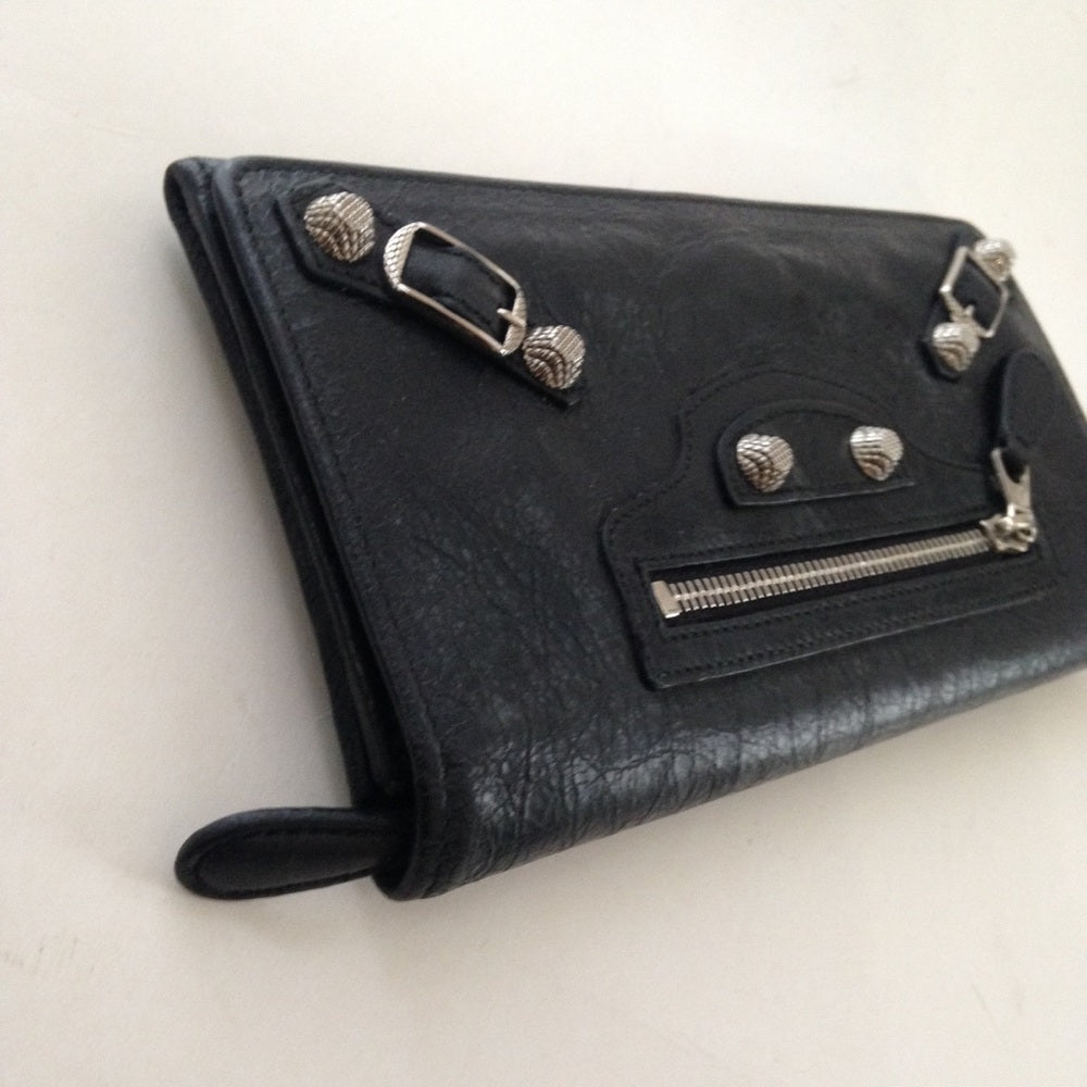 Balenciaga Black Silver Studded Leather Long Walle