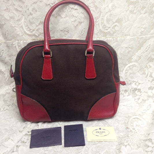 Prada Brown Canvas -Red Leather Trim Shoulder Bag