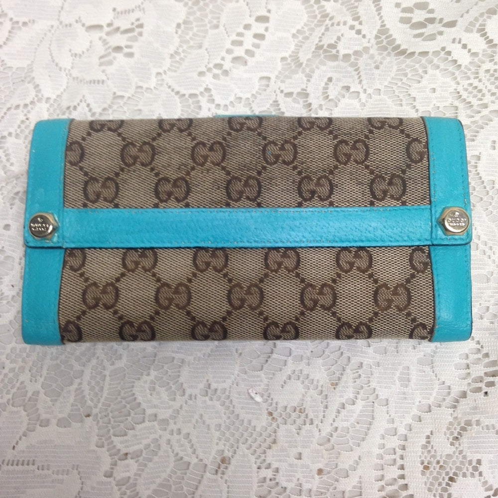 Gucci Brown Canvas -Teal Leather Trim Long Wallet